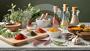 various spices, herbs and spices on a kitchen tabletop for food preparation
