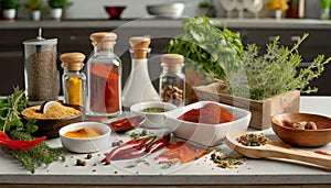 various spices, herbs and spices on a kitchen tabletop for food preparation