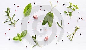 Various of spices and herbs on wooden background. Flat lay spices ingredients rosemary, thyme, oregano, sage leaves and sweet