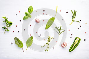 Various of spices and herbs on wooden background. Flat lay spices ingredients rosemary, thyme, oregano, sage leaves and sweet basi