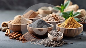 Various spices and herbs in wooden bowls on a table, AI