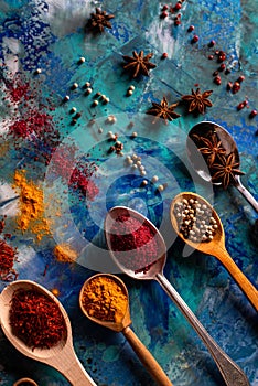 Various of spices and herbs in wooden spoons