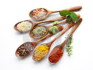 Various spices isolated on white background,