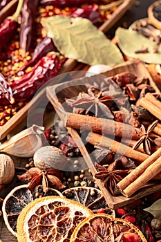 Various spices on a kitchen table
