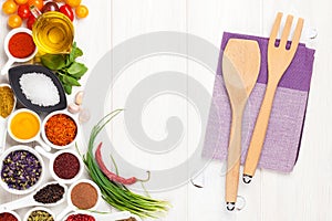 Various spices and kitchen utensil
