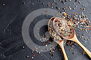 Various spices mix in big wooden spoons on stony background. Cooking concept. Top view, copy space