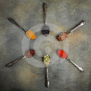 Various spices, seasoning on the table, top view, fragrant Indian spices, seasonings in spoons, vintage