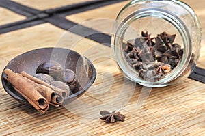 Various spices on straw mat
