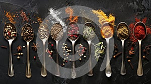 Various spices in vintage spoons on dark textured background