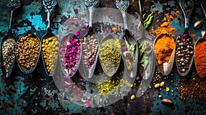 Various spices in vintage spoons on dark textured background