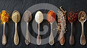 Various spices in vintage spoons on dark textured background