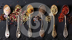 Various spices in vintage spoons on dark textured background