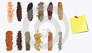 Various spices on white background. Top view with free space, and note.