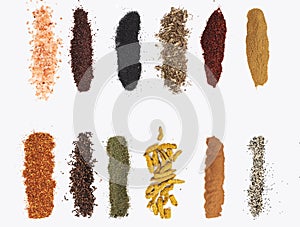 Various spices on white background. Top view with free space, and note.