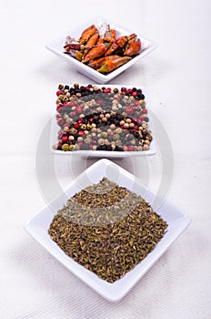 various spices in white bowls of square shape in white background