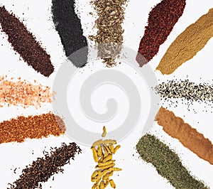 Various spices on white table. Top view with copy space.