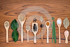 Various spices in wooden spoons, on rustic wood background background