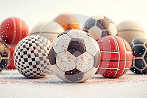 Various sports balls arranged on a clean white floor