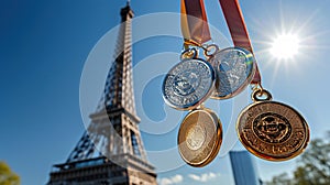 Various sports medals, gold, silver, bronze against background of Eiffel Tower under blue sky. Summer Olympics in Paris