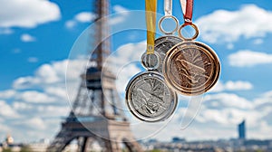 Various sports medals, gold, silver, bronze against background of Eiffel Tower under blue sky. Summer Olympics in Paris