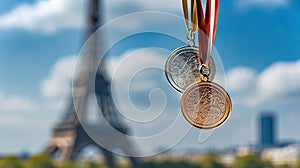 Various sports medals, gold, silver, bronze against background of Eiffel Tower under blue sky. Summer Olympics in Paris