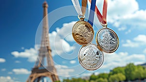 Various sports medals, gold, silver, bronze against background of Eiffel Tower under blue sky. Summer Olympics in Paris