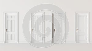 Various stages of opening of white wooden doors in a 3D rendering. Indoor interior. Closed doors and open doors.
