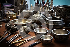 various stages of silverwork pieces