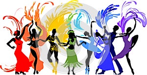 Various style dancing. Group of silhouettes of dancers of ballet, flamenco, oriental dance, hula, samba, waltz, contemporary