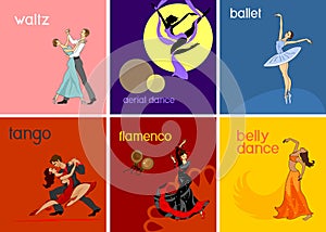 Various style dancing. Set with dancers: waltz, ballet, aerial dance, tango, flamenco, belly dance