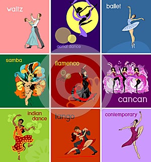 Various style dancing. Set with dancers: waltz, cancan, samba, aerial dance, ballet, flamenco, indian dance, tango, contemporary