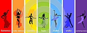 Various style dancing. Set with silhouettes of dancers of ballet, flamenco, oriental dance, hula, samba, waltz, contemporary