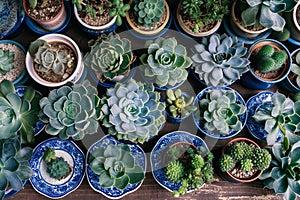 Various succulent plants in white pots. Group of mini succulents planted in small ceramic pots. Home garden, botany interior