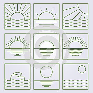 various of sunset or sunset icon isolated collection bundle set symbol line art clipart ocean marine view landscape simple line