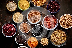 Various superfoods in smal bowls on dark rusty background