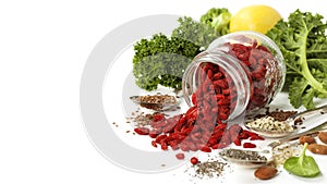 Various superfoods on white background