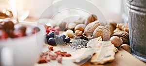 Various superfoods on wooden background - selective focus