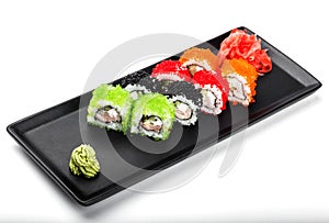 Various of Sushi Roll - Maki Sushi with green, red and black caviar, Crab meat, cucumber, avocado
