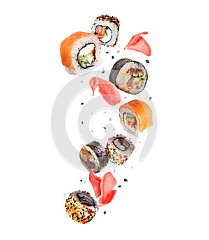 Various sushi rolls with ginger in the air on a white background