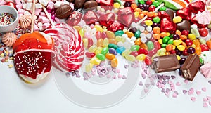 Various sweets assortment. Candy, bonbon, chocholate on white background