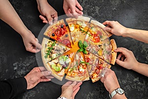 Various taste type pizza slices with different traditional filling in hands. menu, dieting, cookbook recipe top view