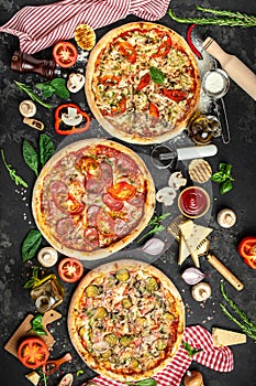 Various taste type pizza slices with different traditional filling. menu, dieting, cookbook recipe top view