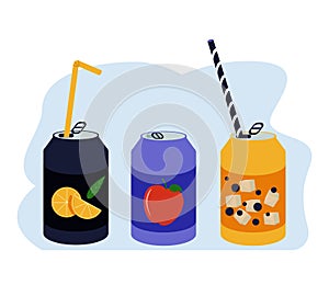 Various tasty Sodas. Hand drawn Vector set of soft Drinks in aluminum Cans. Carbonated water with different fruit flavors. Kawaii