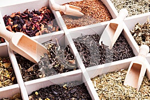 Various of tea in a box