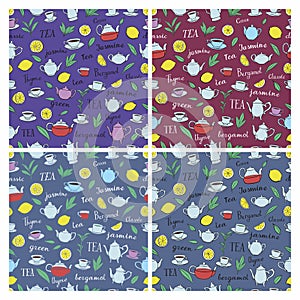Various teas, cups and teapots. Seamless pattern for wrapping paper or menu