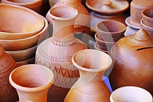 Various terracotta pots and decorative items store, Rows of traditional handmade clay pots and earthenware for sale in Pune, India