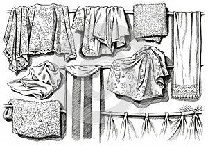 Illustration utilizes a black and white, pen-and-ink shading