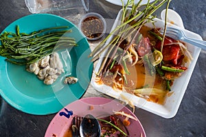 Various Thai Thai sea food after eat on table