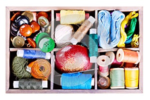 Various threads and sewing tools in box