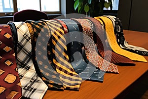 various tie patterns displayed on a table